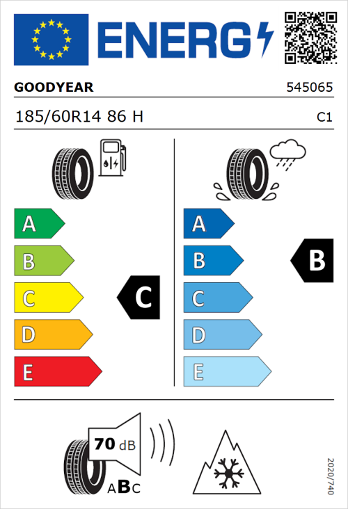 Tyre Label for Goodyear Vector 4Seasons Gen-3 185/60R14 86H