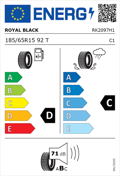Tyre Label for Royal Black Royal Mile 185/65R15 92T