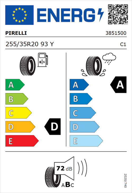 Tyre Label for Pirelli P Zero (PZ4) Sport Car 255/35R20 93Y