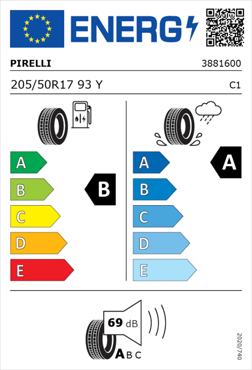 Tyre Label for Pirelli Powergy 205/50R17 93Y