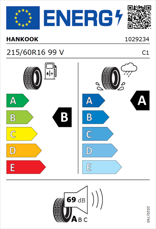 Tyre Label for Hankook Ventus Prime 4 (K135) 215/60R16 99V