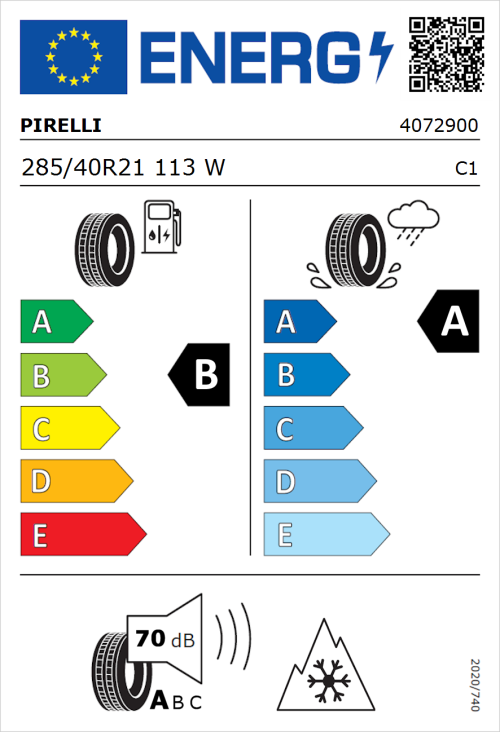 Tyre Label for Pirelli Scorpion Verde All Season 285/40R21 113W