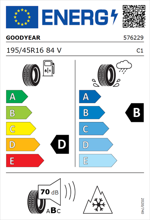 Tyre Label for Goodyear Vector 4Seasons Gen-3 195/45R16 84V