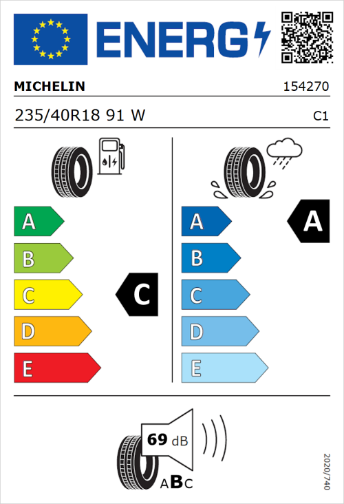 Tyre Label for Michelin Primacy 4+ 235/40R18 91W