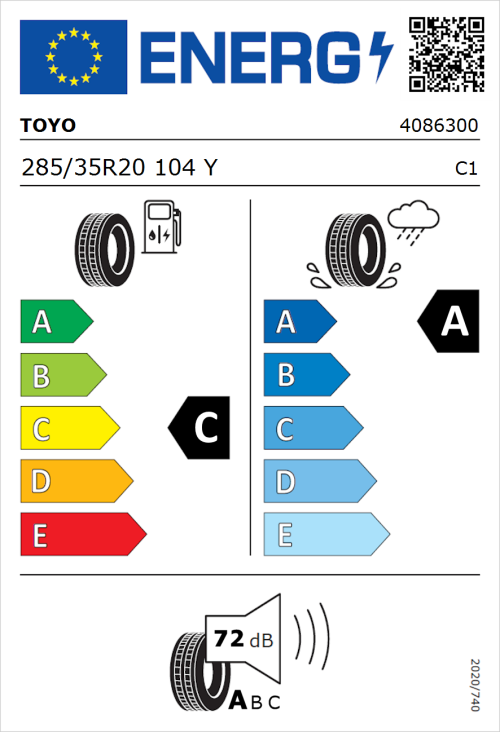Tyre Label for Toyo Proxes Sport 2 285/35R20 104Y