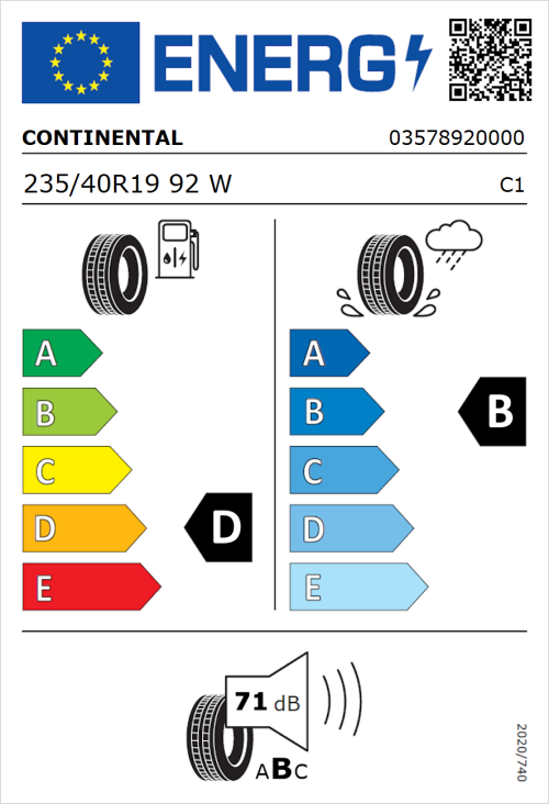 Tyre Label for Continental ContiSportContact 3 235/40R19 92W